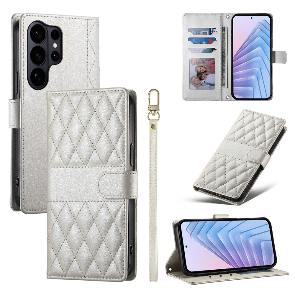 For Samsung Galaxy S26 Ultra Wallet Case Rhombus Stitching Stand Leather Phone Cover with Long / Short Strap