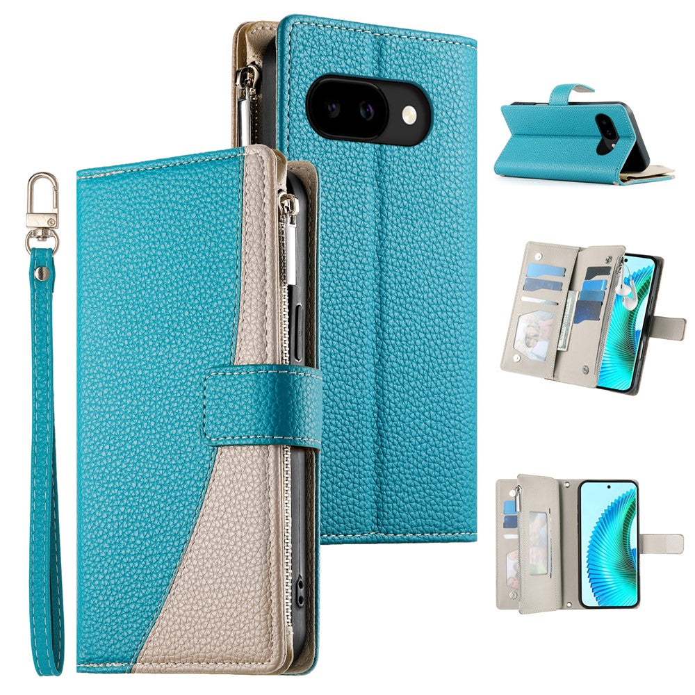 For Google Pixel 10a Case Zipper Wallet Color Splicing Leather Flip Phone Cover with Straps