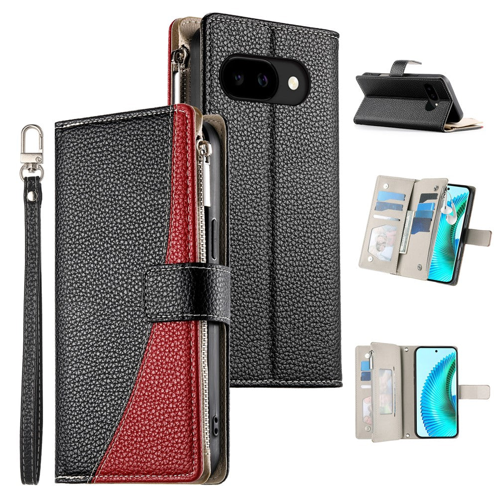For Google Pixel 10a Case Zipper Wallet Color Splicing Leather Flip Phone Cover with Straps