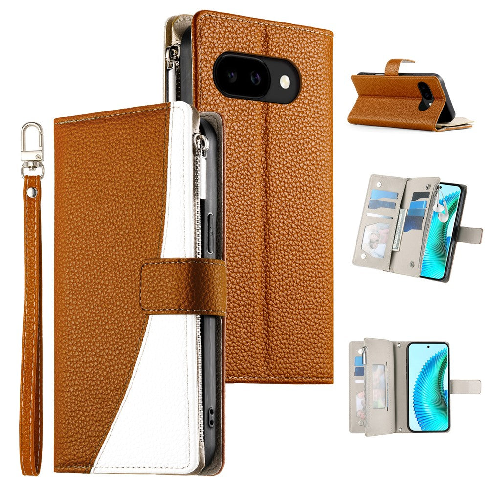 For Google Pixel 10a Case Zipper Wallet Color Splicing Leather Flip Phone Cover with Straps