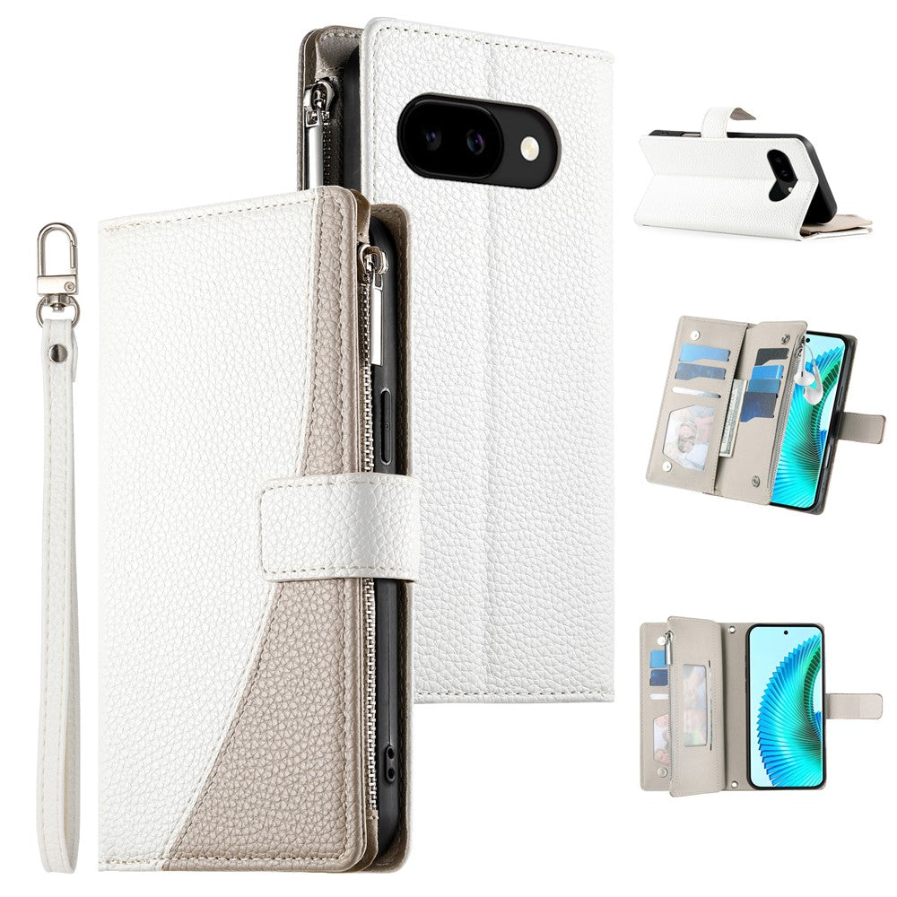 For Google Pixel 10a Case Zipper Wallet Color Splicing Leather Flip Phone Cover with Straps