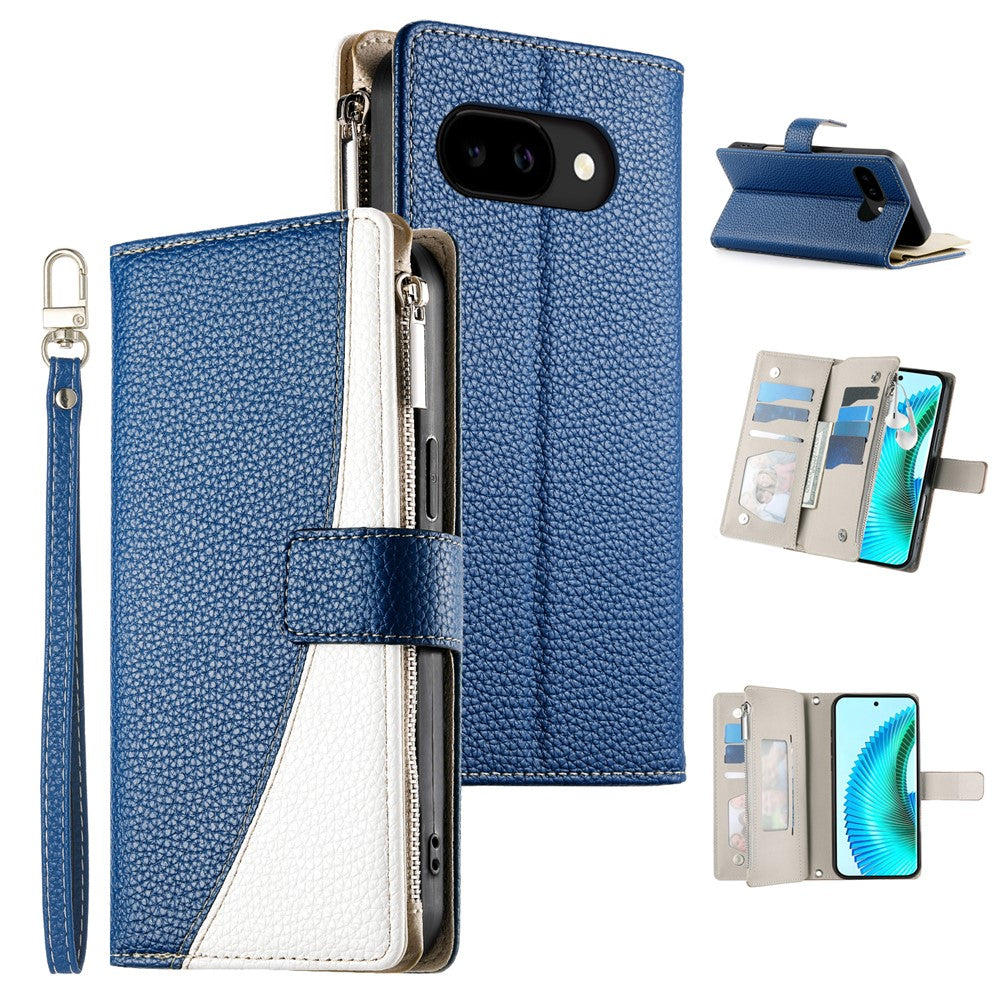 For Google Pixel 10a Case Zipper Wallet Color Splicing Leather Flip Phone Cover with Straps