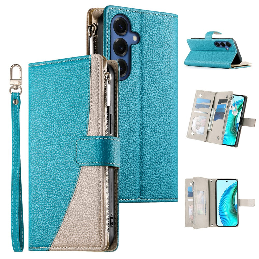 For Samsung Galaxy S26 Case Zipper Wallet Color Splicing Leather Flip Phone Cover with Straps