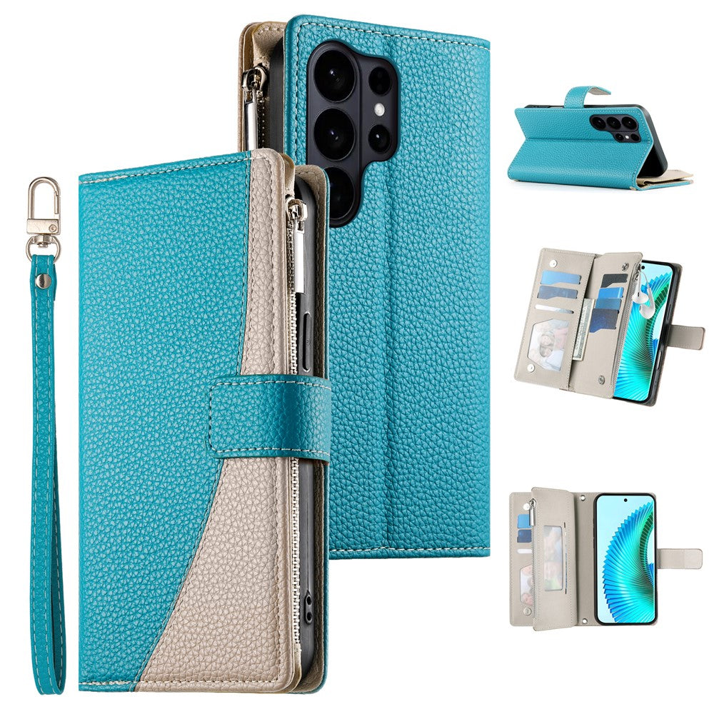 For Samsung Galaxy S26 Ultra Case Zipper Wallet Color Splicing Leather Flip Phone Cover with Straps
