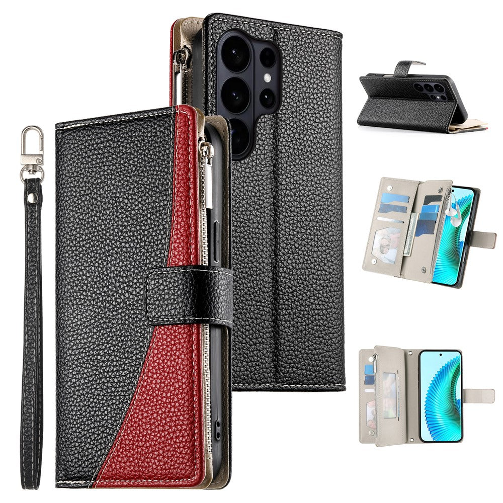For Samsung Galaxy S26 Ultra Case Zipper Wallet Color Splicing Leather Flip Phone Cover with Straps
