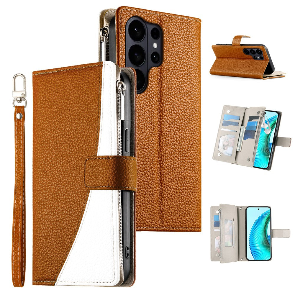 For Samsung Galaxy S26 Ultra Case Zipper Wallet Color Splicing Leather Flip Phone Cover with Straps