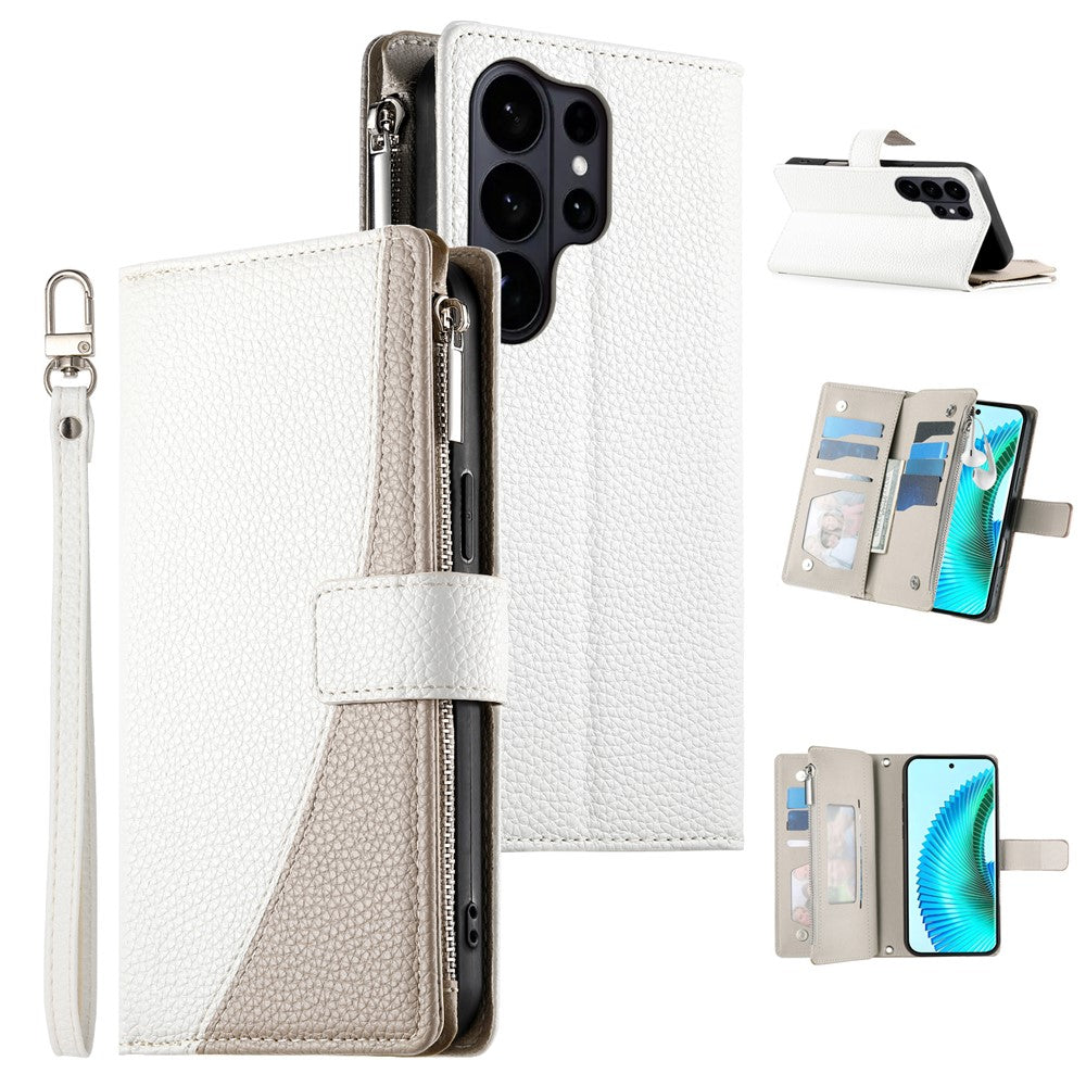 For Samsung Galaxy S26 Ultra Case Zipper Wallet Color Splicing Leather Flip Phone Cover with Straps