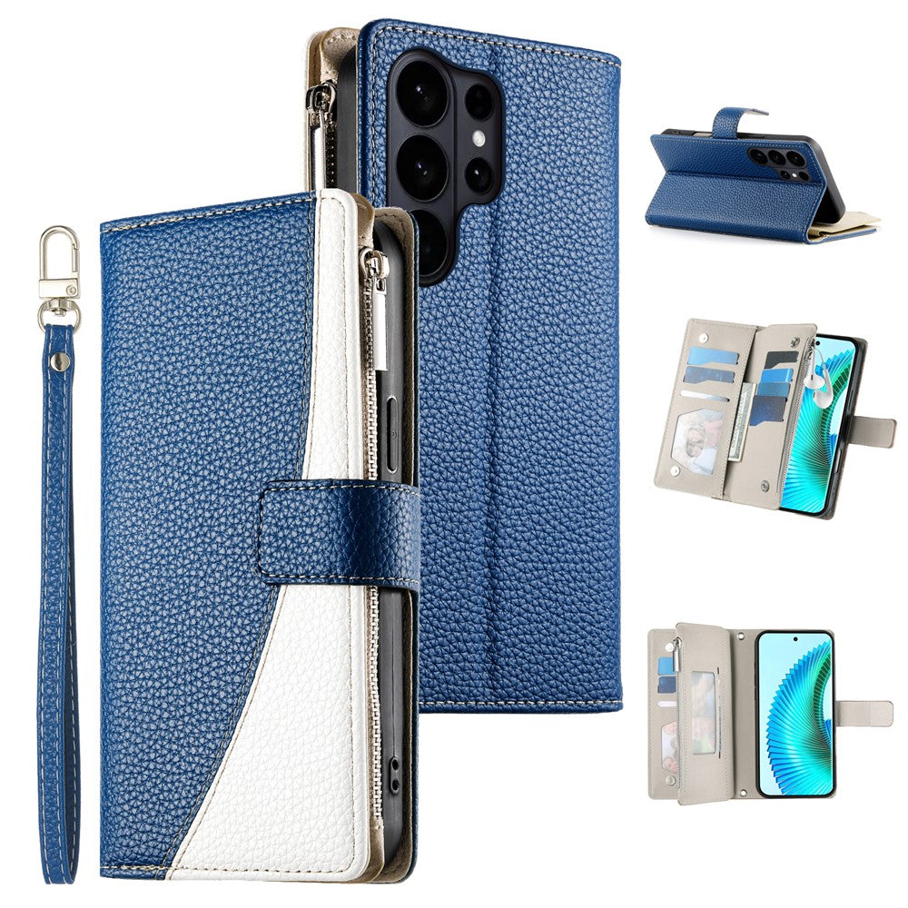 For Samsung Galaxy S26 Ultra Case Zipper Wallet Color Splicing Leather Flip Phone Cover with Straps