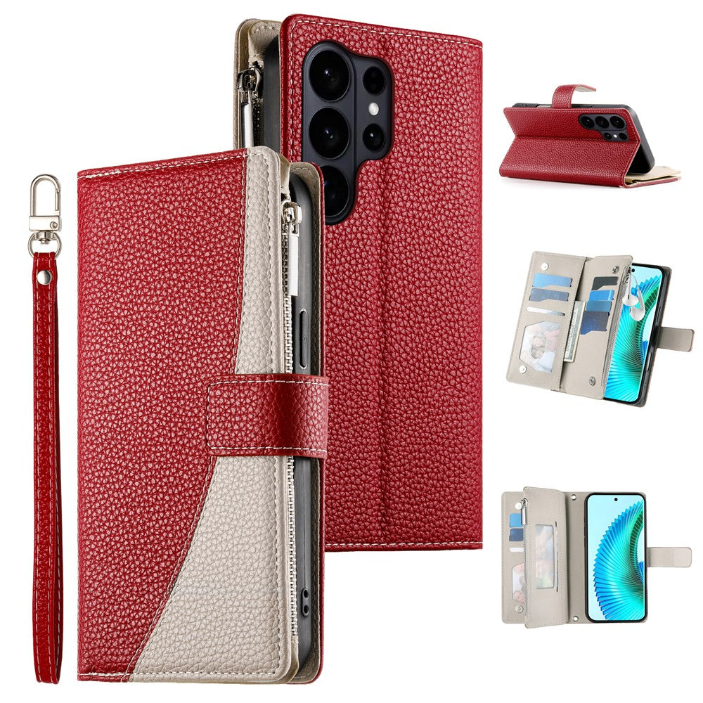 For Samsung Galaxy S26 Ultra Case Zipper Wallet Color Splicing Leather Flip Phone Cover with Straps