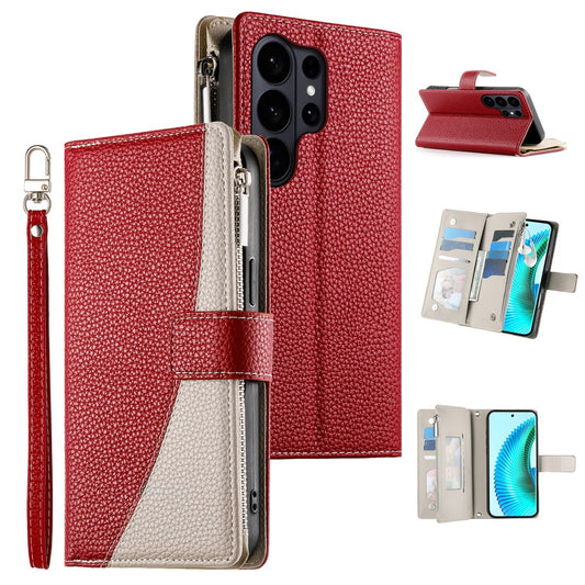 Galaxy S26 Ultra Handyhülle – Fall Reißverschluss Brieftasche Farbe Spleißen Leder Flip mit Riemen