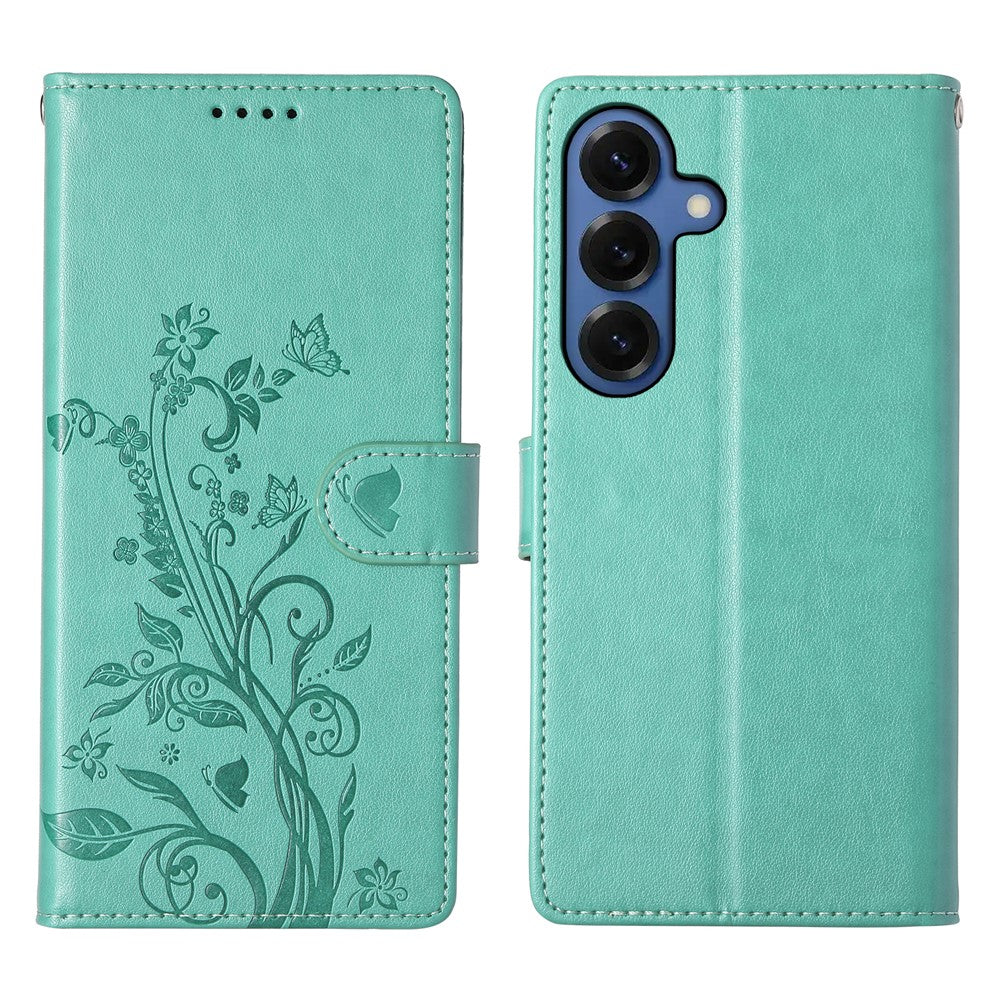 For Samsung Galaxy S26 Wallet Case Butterfly Floral Imprint PU Leather Phone Cover with Wrist Strap