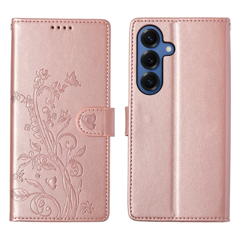 For Samsung Galaxy S26 Wallet Case Butterfly Floral Imprint PU Leather Phone Cover with Wrist Strap