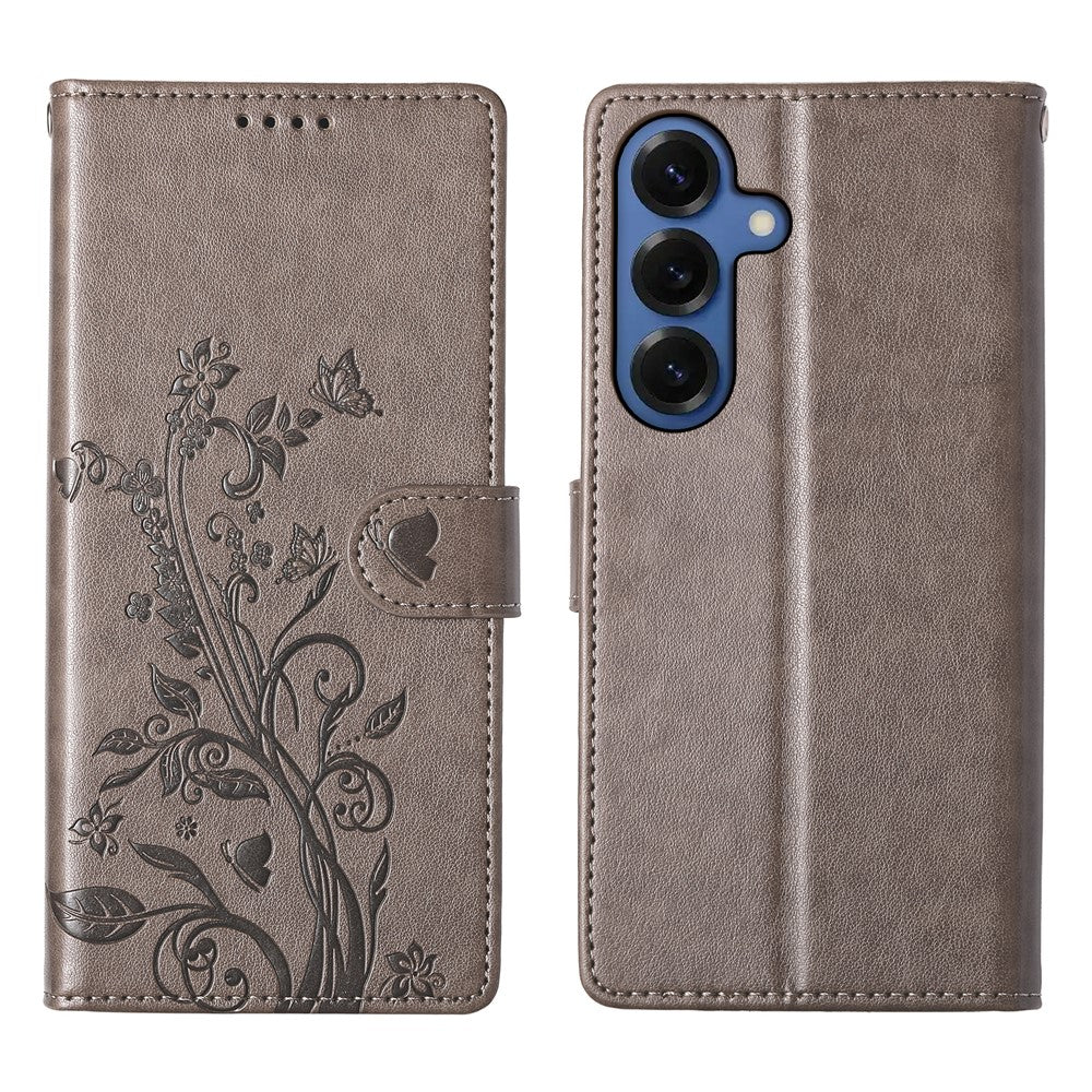 For Samsung Galaxy S26 Wallet Case Butterfly Floral Imprint PU Leather Phone Cover with Wrist Strap