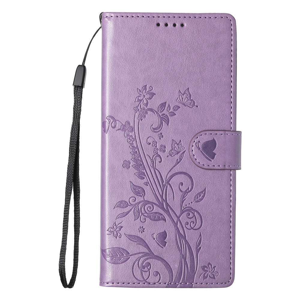 For Samsung Galaxy S26+ Wallet Case Butterfly Floral Imprint PU Leather Phone Cover with Wrist Strap