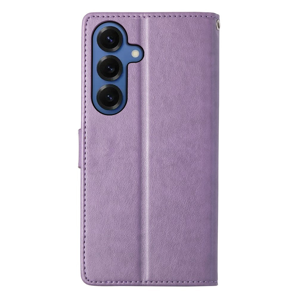 For Samsung Galaxy S26+ Wallet Case Butterfly Floral Imprint PU Leather Phone Cover with Wrist Strap