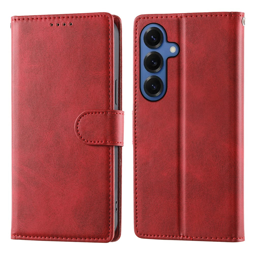 For Samsung Galaxy S26 Case Stand Wallet Calf Texture PU Leather Flip Phone Cover with Wrist Strap