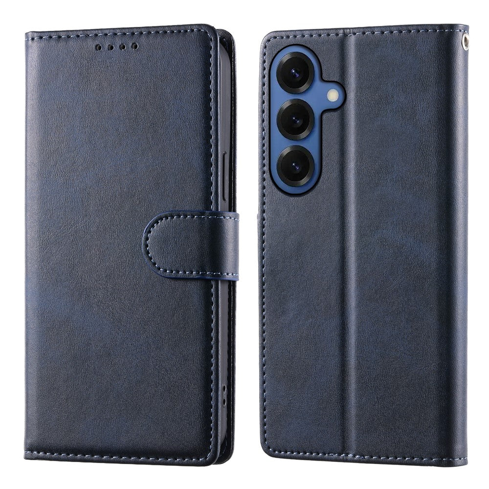 For Samsung Galaxy S26 Case Stand Wallet Calf Texture PU Leather Flip Phone Cover with Wrist Strap