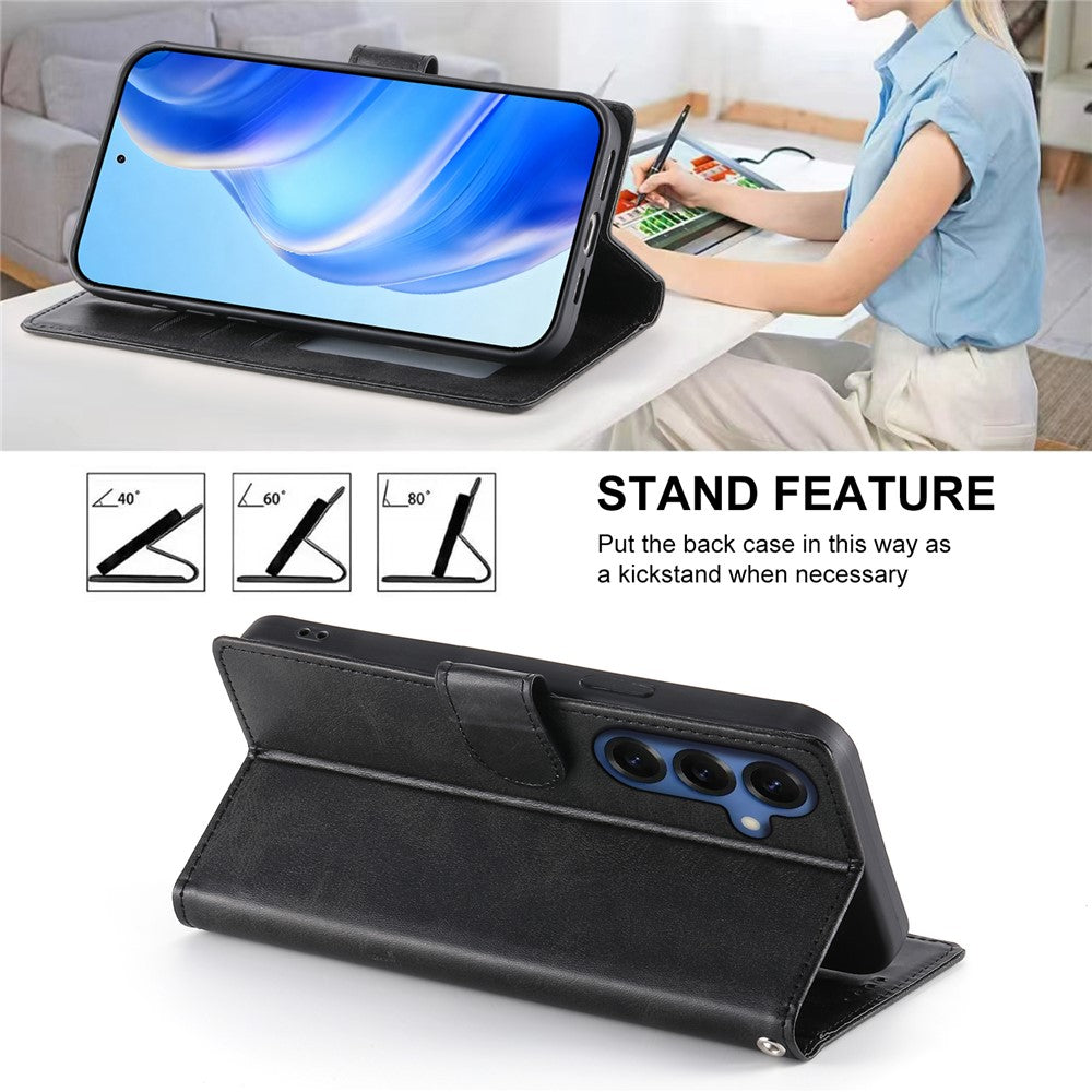 For Samsung Galaxy S26+ Case Stand Wallet Calf Texture PU Leather Flip Phone Cover with Wrist Strap