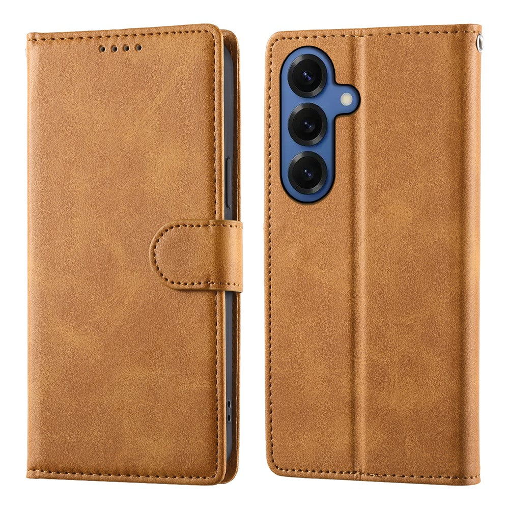 For Samsung Galaxy S26+ Case Stand Wallet Calf Texture PU Leather Flip Phone Cover with Wrist Strap