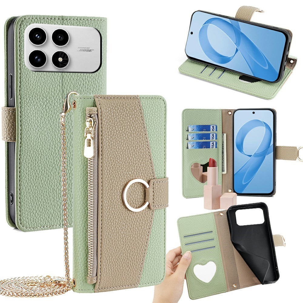 For Xiaomi Poco F8 Pro 5G / Redmi K90 5G Case Mirror Wallet Leather Phone Cover with Chain Shoulder Strap
