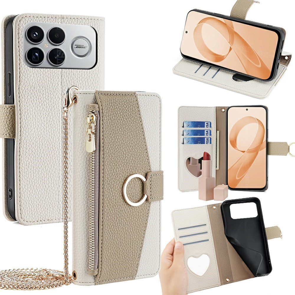 For Xiaomi Poco F8 Ultra / Redmi K90 Pro Max 5G Case Mirror Wallet Leather Phone Cover with Chain Shoulder Strap