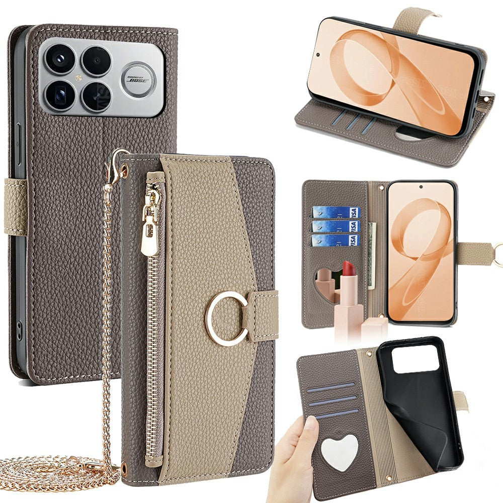 For Xiaomi Poco F8 Ultra / Redmi K90 Pro Max 5G Case Mirror Wallet Leather Phone Cover with Chain Shoulder Strap