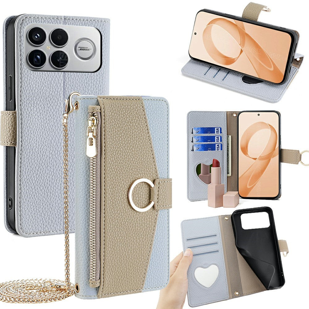 For Xiaomi Poco F8 Ultra / Redmi K90 Pro Max 5G Case Mirror Wallet Leather Phone Cover with Chain Shoulder Strap