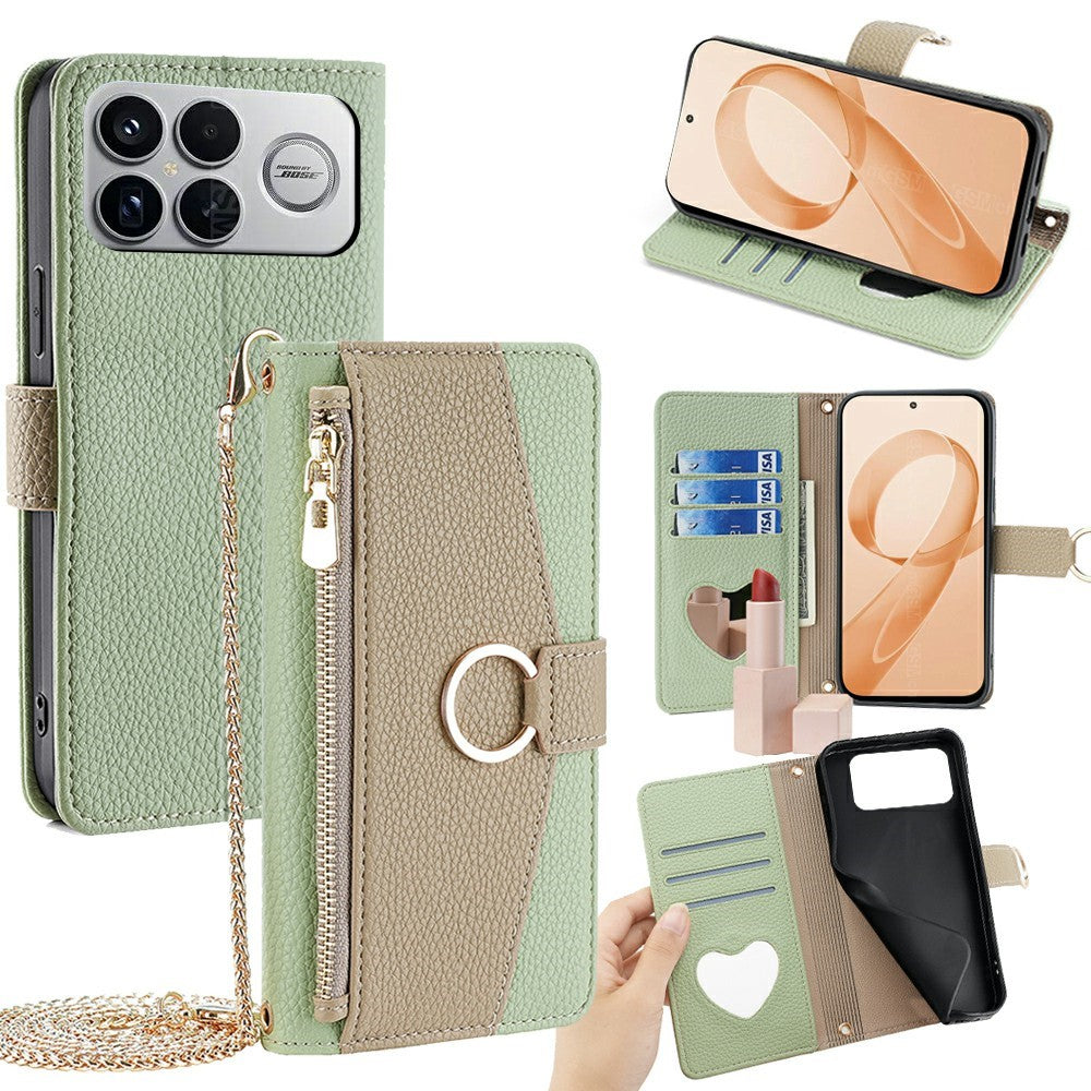 For Xiaomi Poco F8 Ultra / Redmi K90 Pro Max 5G Case Mirror Wallet Leather Phone Cover with Chain Shoulder Strap