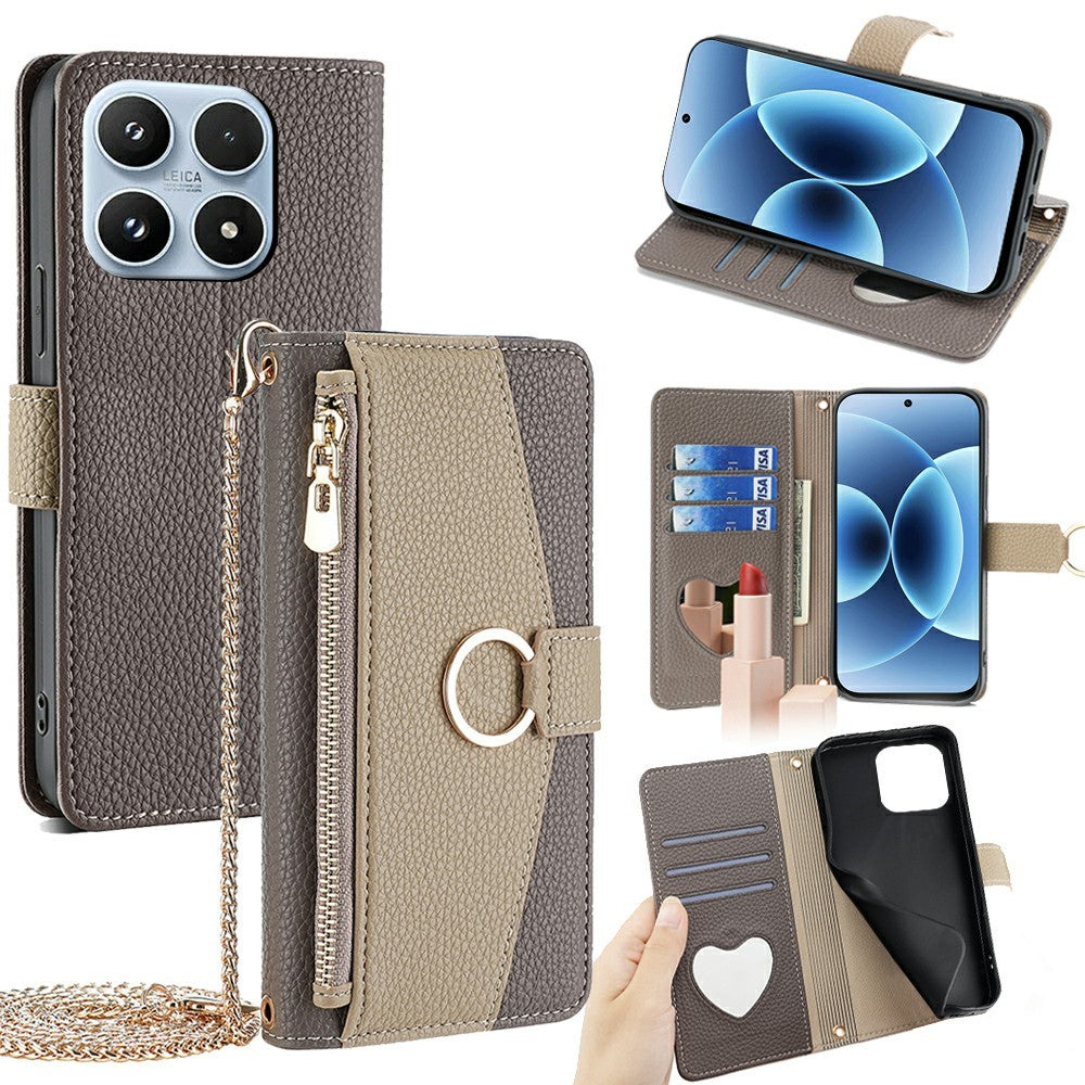 For Xiaomi 17 Case Mirror Wallet Leather Phone Cover with Chain Shoulder Strap