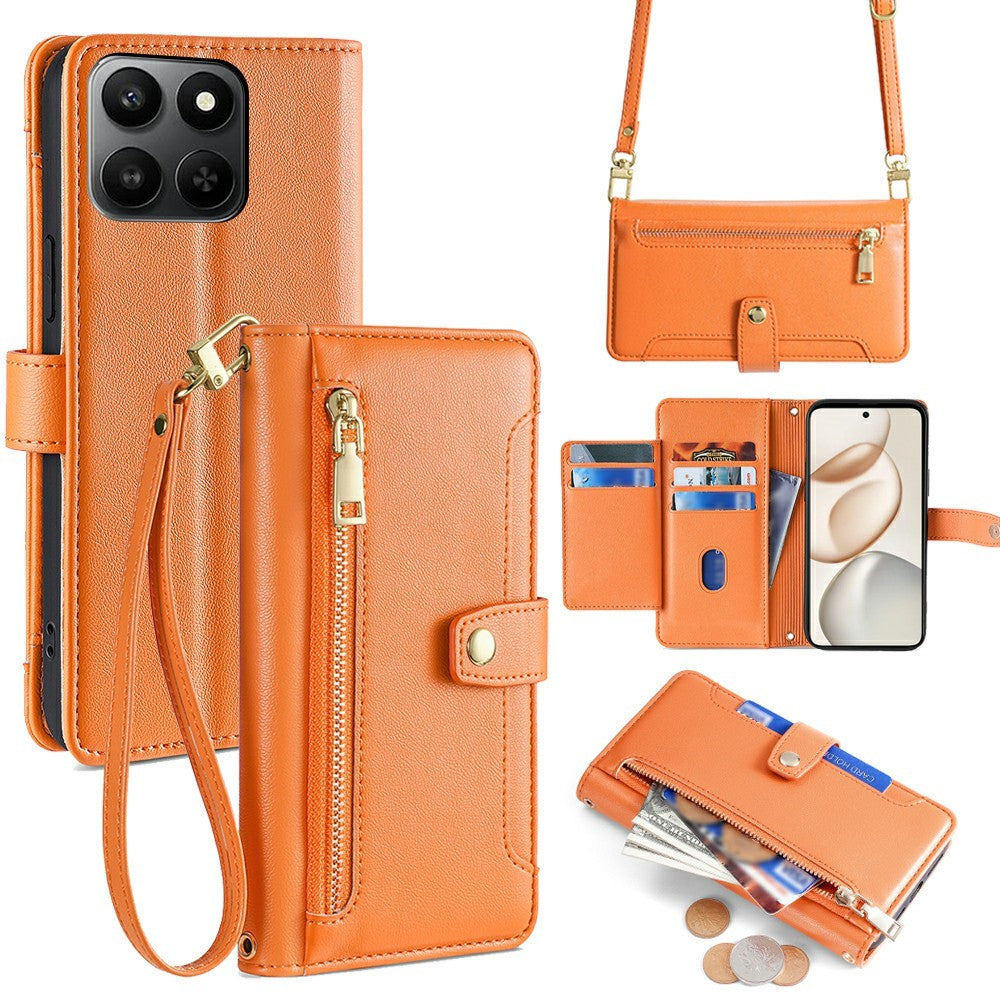 For Honor 400 Smart 5G / X7d 4G Leather Case Zipper Pocket Wallet Phone Cover with 2 Straps