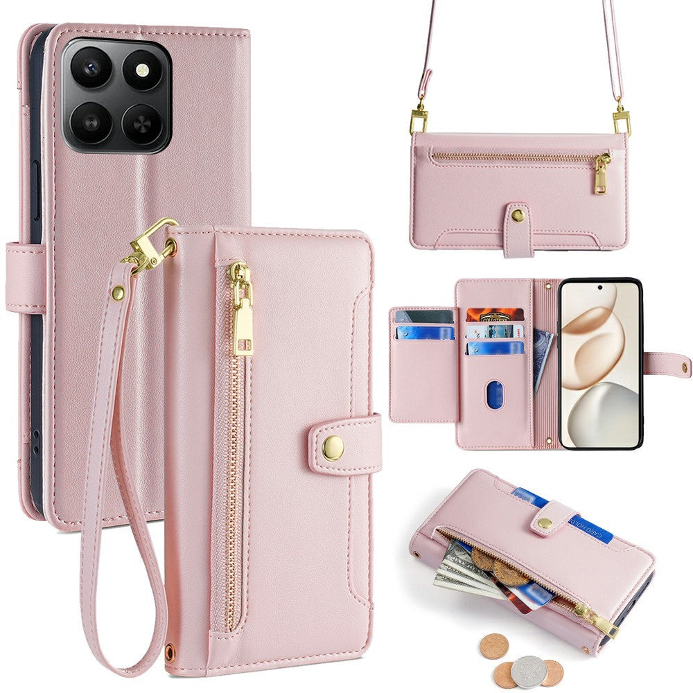 For Honor 400 Smart 5G / X7d 4G Leather Case Zipper Pocket Wallet Phone Cover with 2 Straps