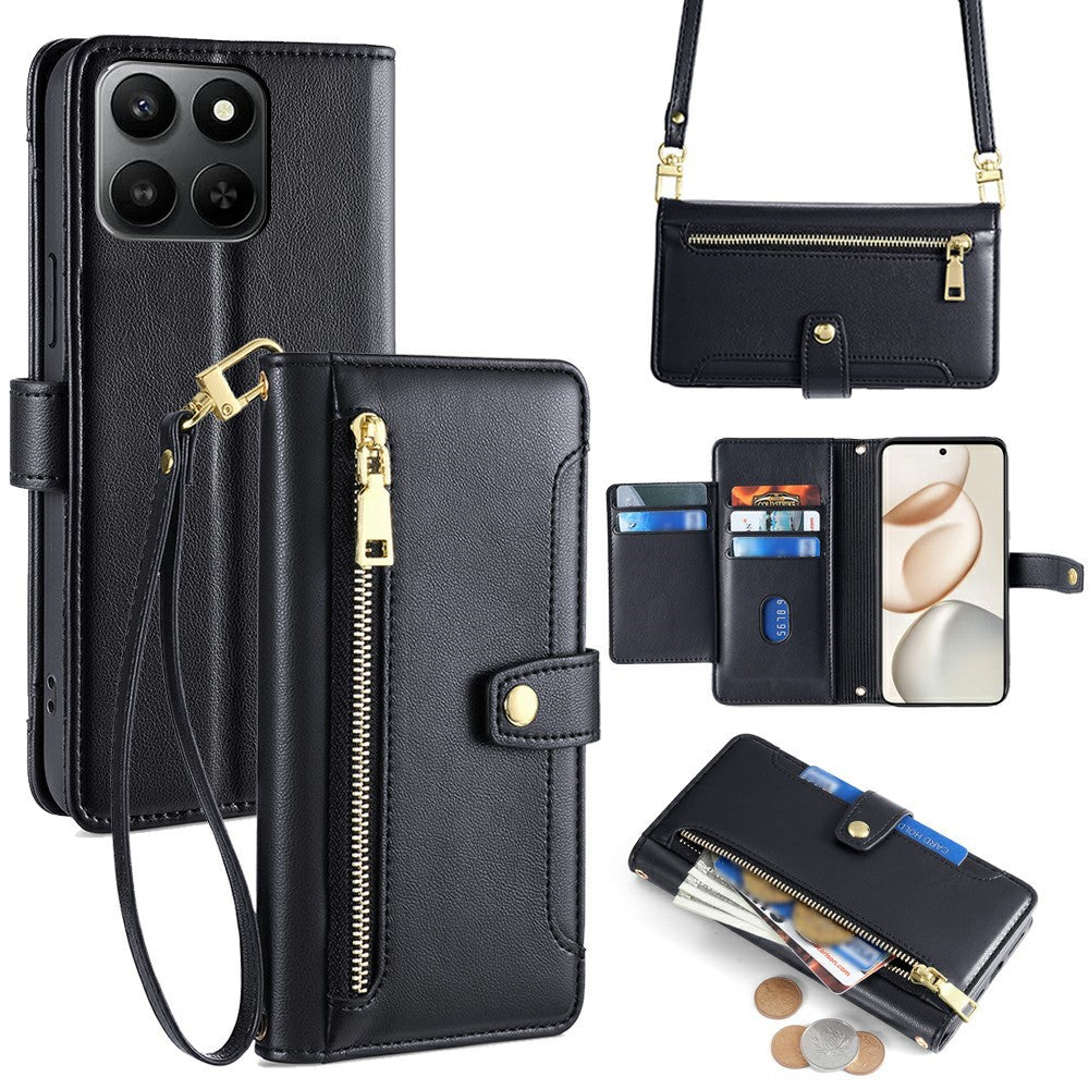 For Honor 400 Smart 5G / X7d 4G Leather Case Zipper Pocket Wallet Phone Cover with 2 Straps