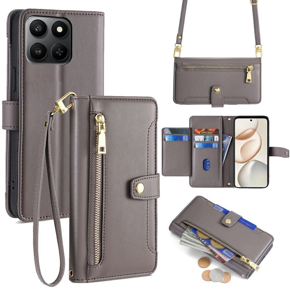 For Honor 400 Smart 5G / X7d 4G Leather Case Zipper Pocket Wallet Phone Cover with 2 Straps