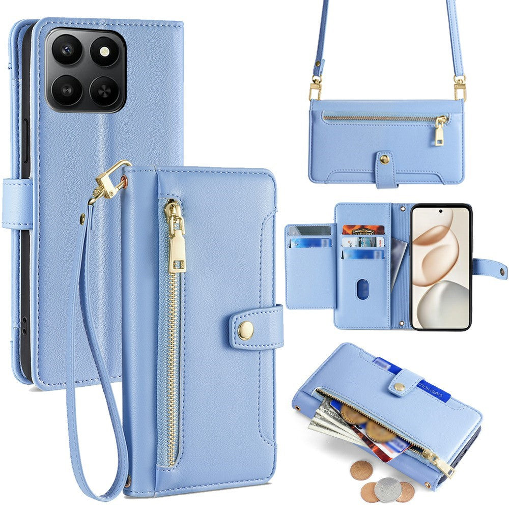 For Honor 400 Smart 5G / X7d 4G Leather Case Zipper Pocket Wallet Phone Cover with 2 Straps