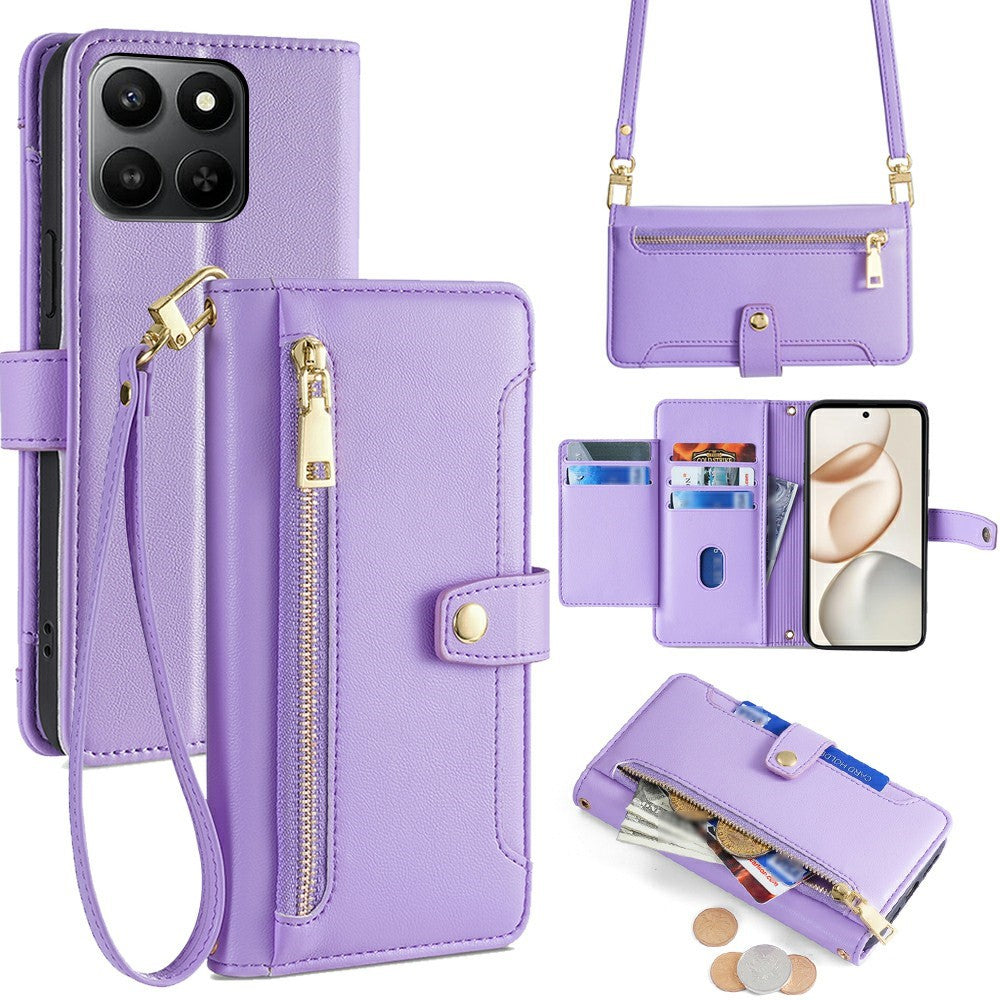 For Honor 400 Smart 5G / X7d 4G Leather Case Zipper Pocket Wallet Phone Cover with 2 Straps