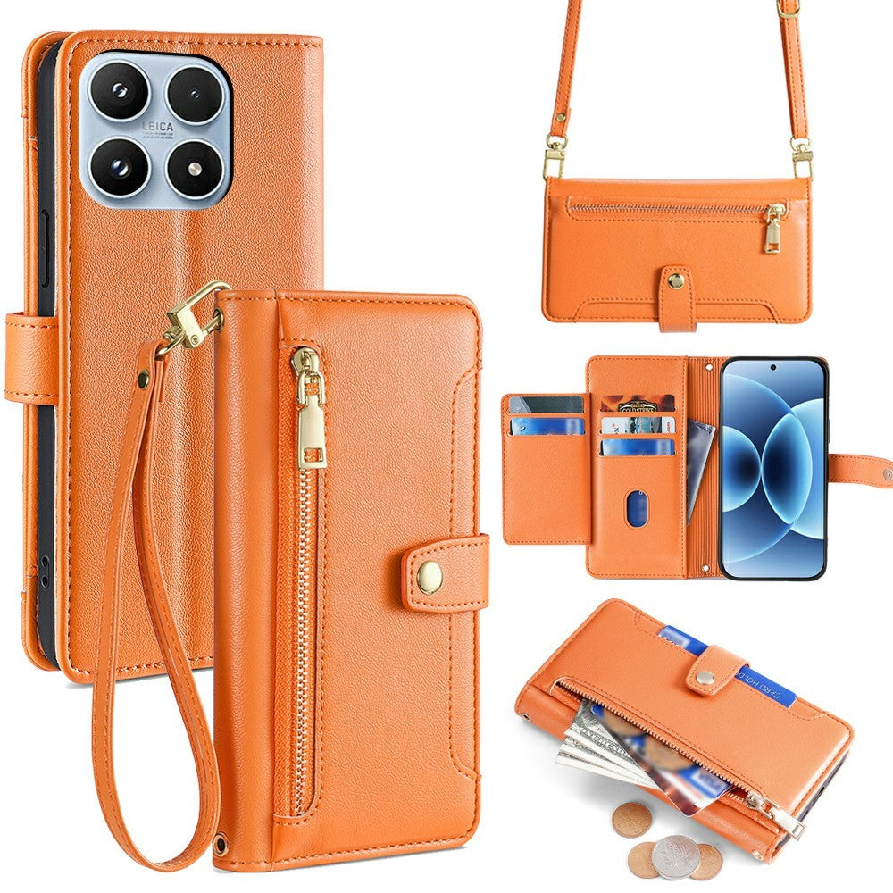 For Xiaomi 17 Leather Case Zipper Pocket Wallet Phone Cover with 2 Straps
