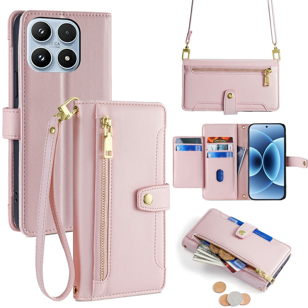 For Xiaomi 17 Leather Case Zipper Pocket Wallet Phone Cover with 2 Straps