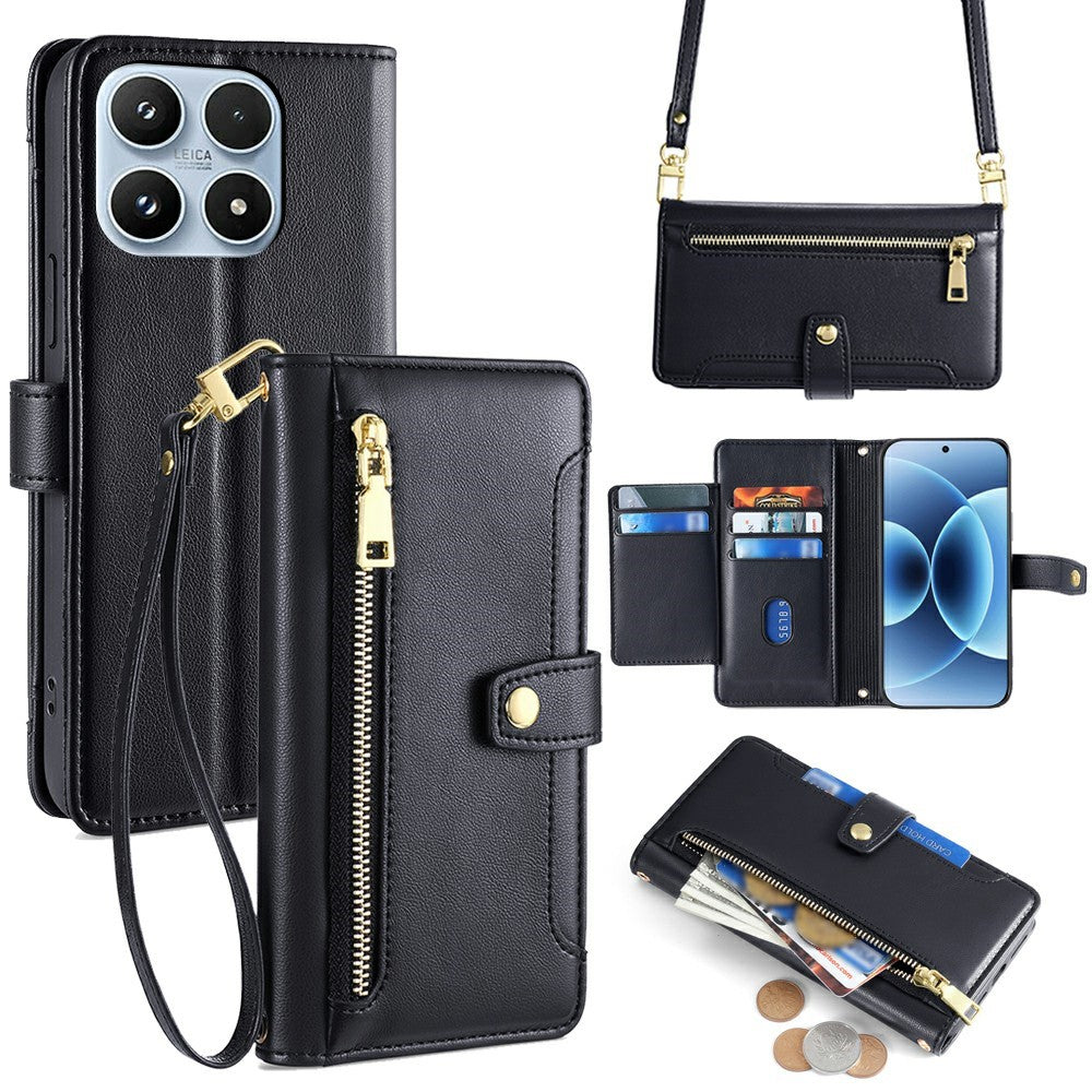 For Xiaomi 17 Leather Case Zipper Pocket Wallet Phone Cover with 2 Straps