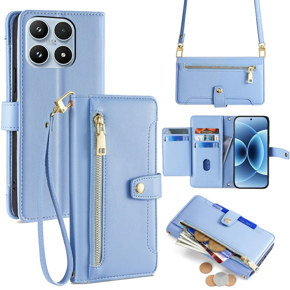 For Xiaomi 17 Leather Case Zipper Pocket Wallet Phone Cover with 2 Straps