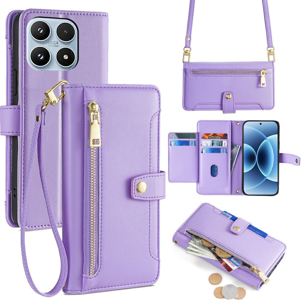 For Xiaomi 17 Leather Case Zipper Pocket Wallet Phone Cover with 2 Straps