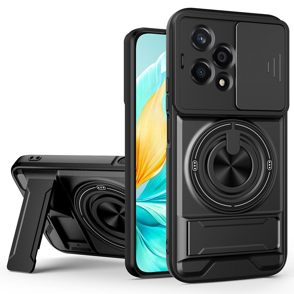 For Honor 200 Lite Magnetic Case Ring Holder Foldable Kickstand TPU PC Phone Cover with Camera Lens Slider