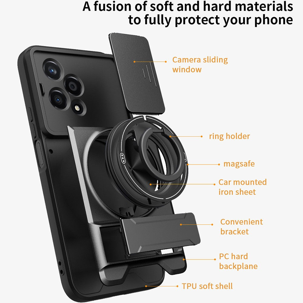 For Honor 200 Lite Magnetic Case Ring Holder Foldable Kickstand TPU PC Phone Cover with Camera Lens Slider