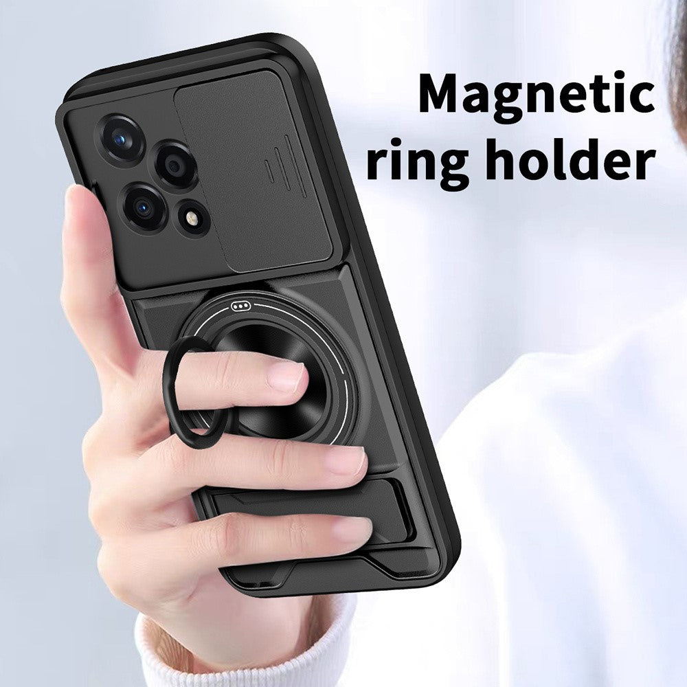 For Honor 200 Lite Magnetic Case Ring Holder Foldable Kickstand TPU PC Phone Cover with Camera Lens Slider