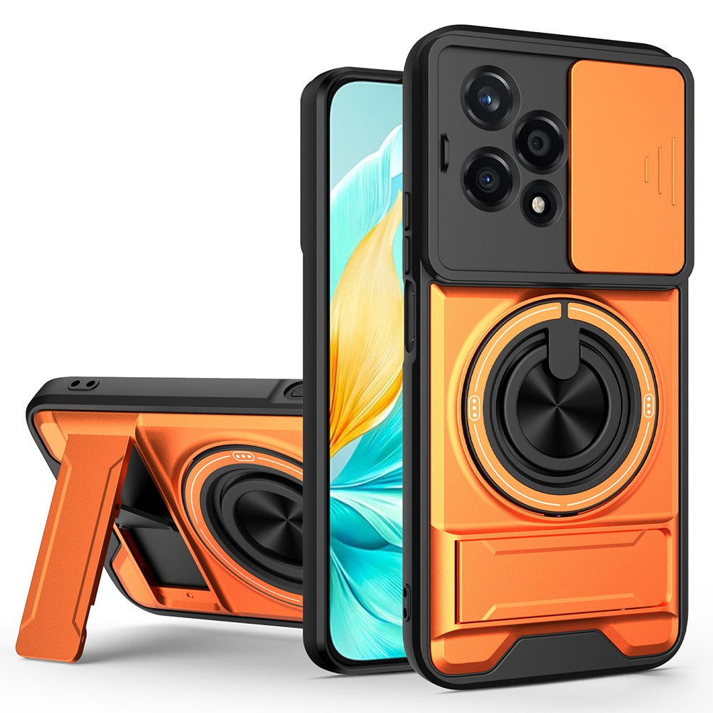 For Honor 200 Lite Magnetic Case Ring Holder Foldable Kickstand TPU PC Phone Cover with Camera Lens Slider