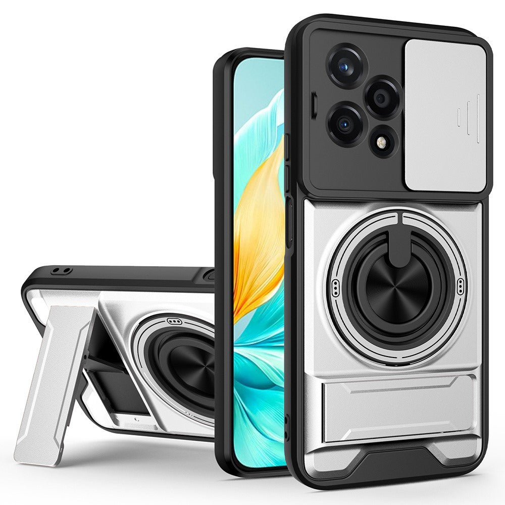 For Honor 200 Lite Magnetic Case Ring Holder Foldable Kickstand TPU PC Phone Cover with Camera Lens Slider
