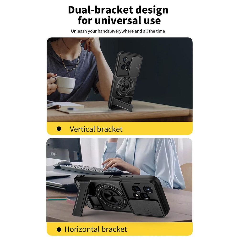 For Honor 200 5G Magnetic Case Ring Holder Foldable Kickstand TPU PC Phone Cover with Camera Lens Slider