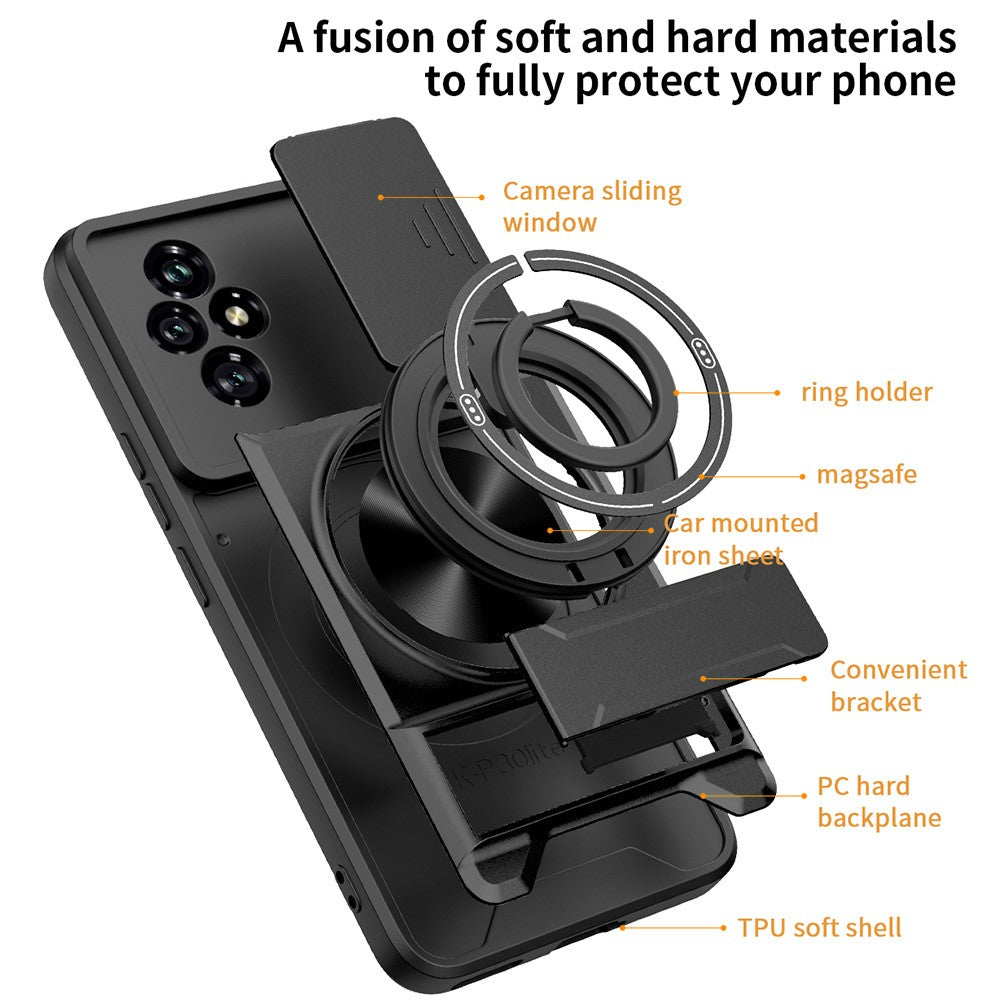 For Honor 200 5G Magnetic Case Ring Holder Foldable Kickstand TPU PC Phone Cover with Camera Lens Slider