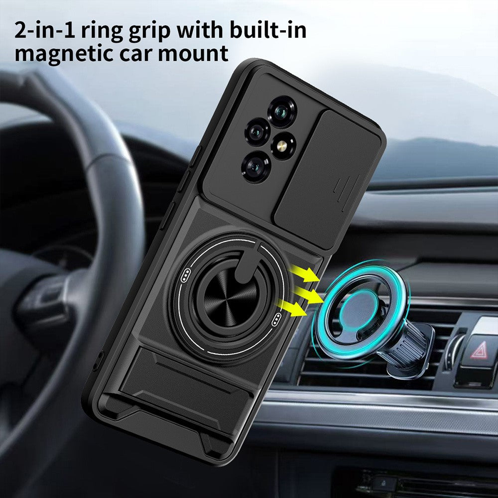 For Honor 200 5G Magnetic Case Ring Holder Foldable Kickstand TPU PC Phone Cover with Camera Lens Slider