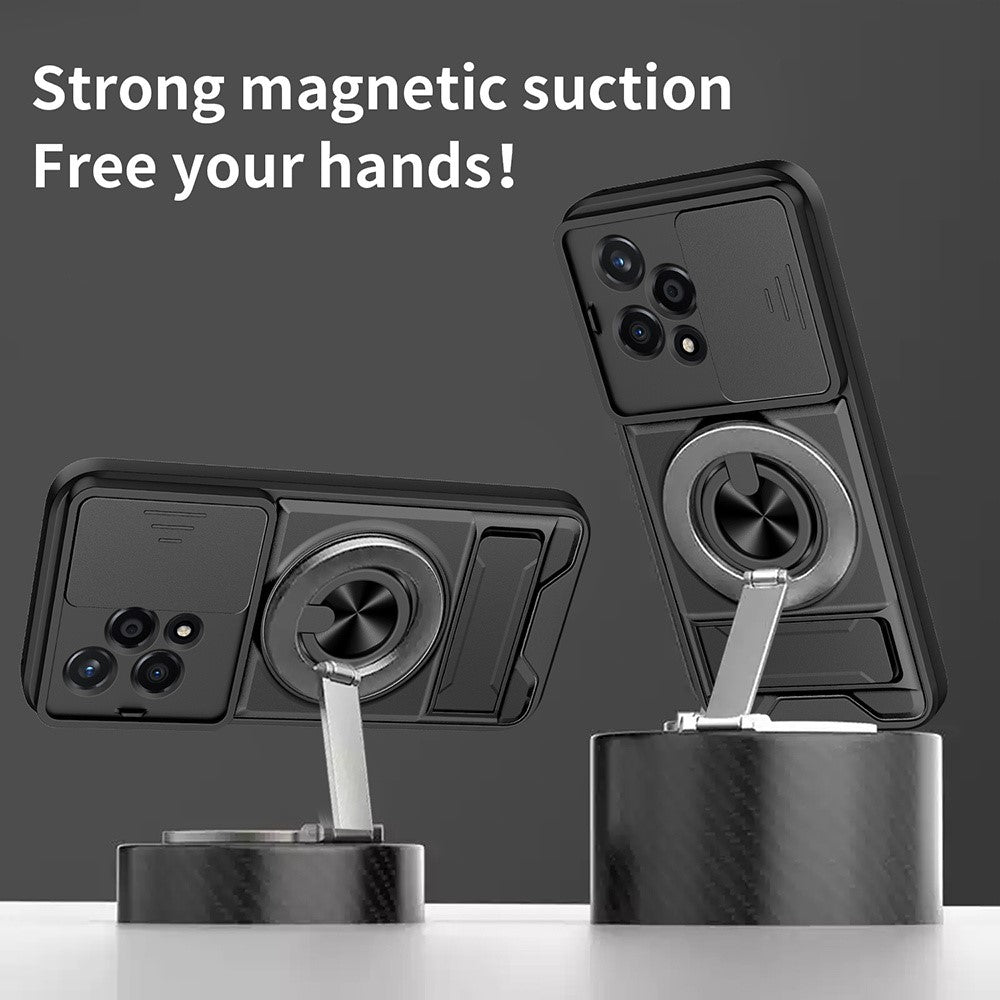 For Honor 200 5G Magnetic Case Ring Holder Foldable Kickstand TPU PC Phone Cover with Camera Lens Slider