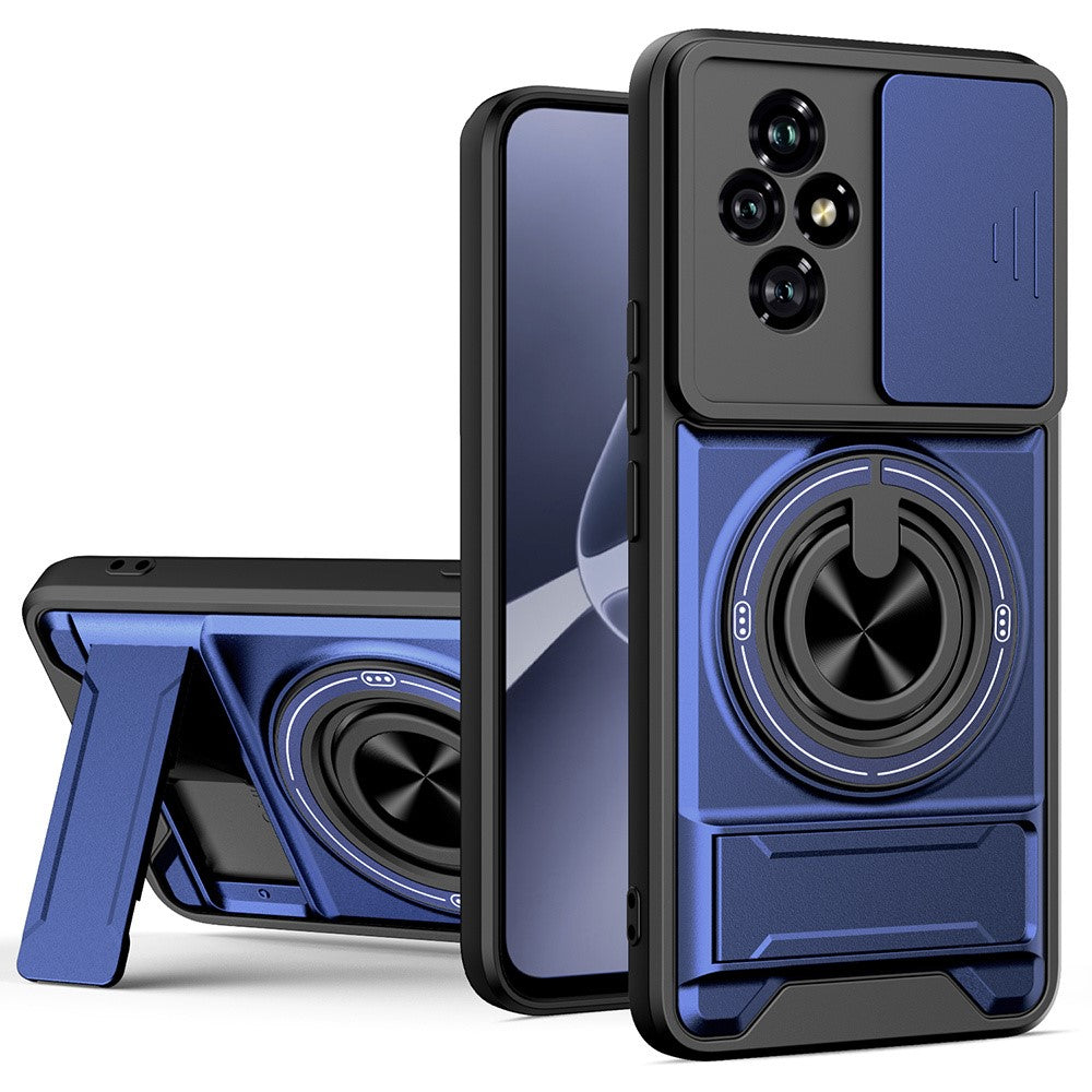 For Honor 200 5G Magnetic Case Ring Holder Foldable Kickstand TPU PC Phone Cover with Camera Lens Slider